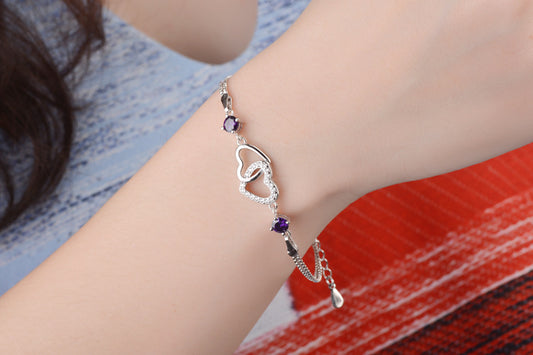 Amethyst Double Heart Connection Bracelet – Sterling Silver Two Souls, One Bond