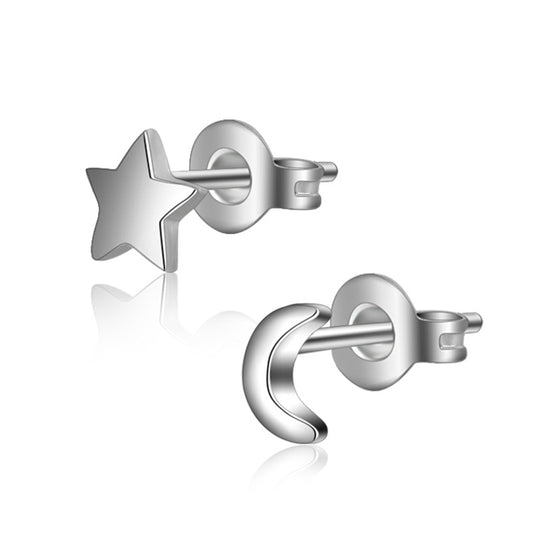 Tiny Moon & Star Stud Earrings – Sterling Silver Elegance