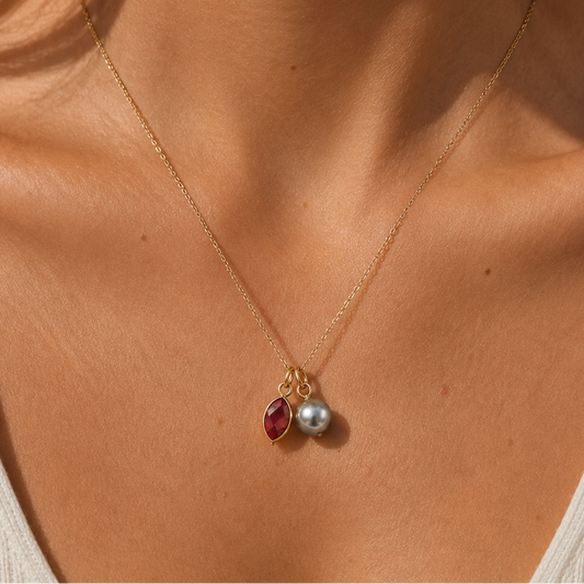 Personalized Birthstone & Grey Pearls Necklace